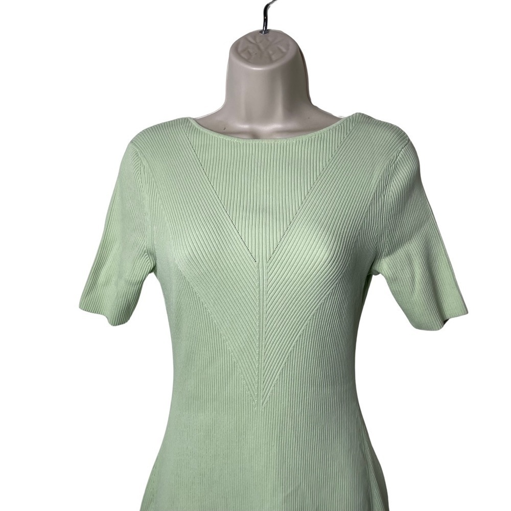 MAJE Ruched lace-up ribbed stretch-knitted Aline Short Sleeve midi dress sz 38 M - Picture 3 of 13